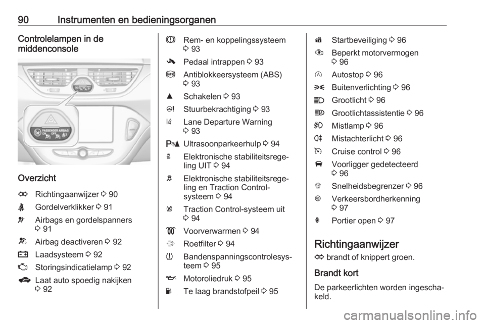 OPEL CORSA E 2017.5  Gebruikershandleiding (in Dutch) 90Instrumenten en bedieningsorganenControlelampen in de
middenconsole
Overzicht
ORichtingaanwijzer  3 90XGordelverklikker  3 91vAirbags en gordelspanners
3  91VAirbag deactiveren  3 92pLaadsysteem  3 