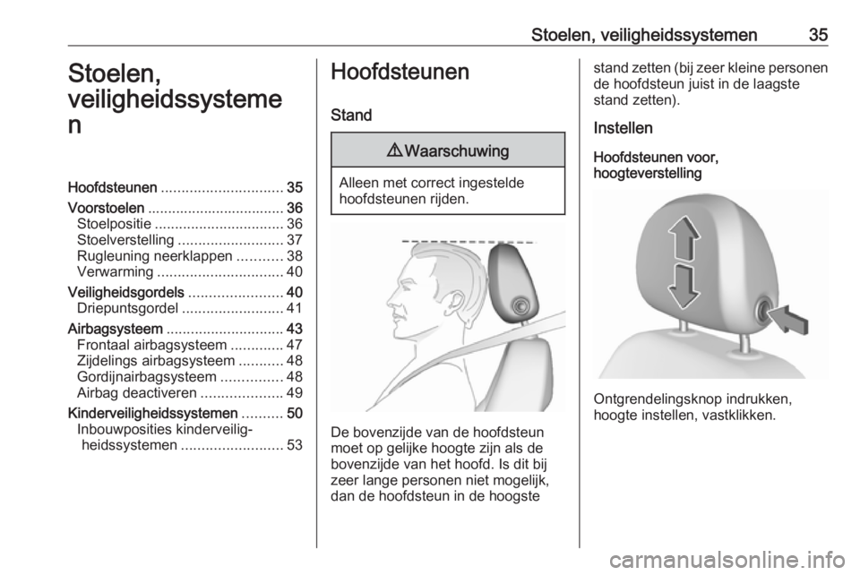OPEL CORSA E 2018.5  Gebruikershandleiding (in Dutch) Stoelen, veiligheidssystemen35Stoelen,
veiligheidssysteme
nHoofdsteunen .............................. 35
Voorstoelen .................................. 36
Stoelpositie ...............................