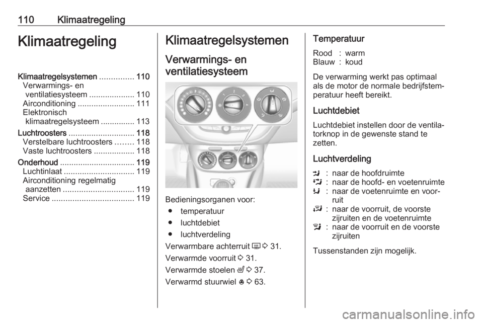 OPEL CORSA E 2019 Gebruikershandleiding (in Dutch) 110KlimaatregelingKlimaatregelingKlimaatregelsystemen...............110
Verwarmings- en ventilatiesysteem ....................110
Airconditioning ......................... 111
Elektronisch klimaatrege OPEL CORSA E 2019 Gebruikershandleiding (in Dutch) 110KlimaatregelingKlimaatregelingKlimaatregelsystemen...............110
Verwarmings- en ventilatiesysteem ....................110
Airconditioning ......................... 111
Elektronisch klimaatrege