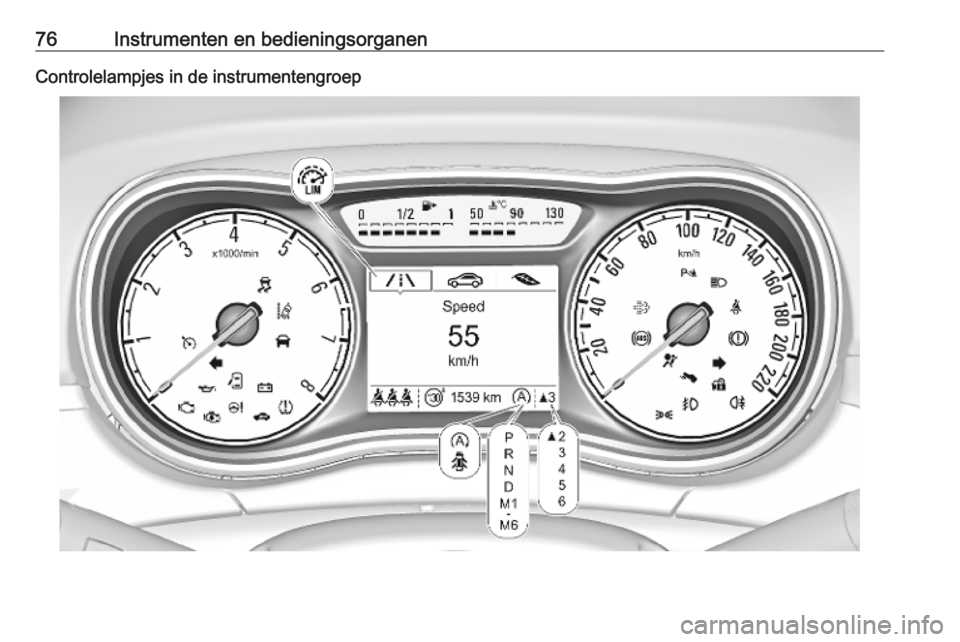 OPEL CORSA E 2019 Gebruikershandleiding (in Dutch) 76Instrumenten en bedieningsorganenControlelampjes in de instrumentengroep OPEL CORSA E 2019 Gebruikershandleiding (in Dutch) 76Instrumenten en bedieningsorganenControlelampjes in de instrumentengroep
