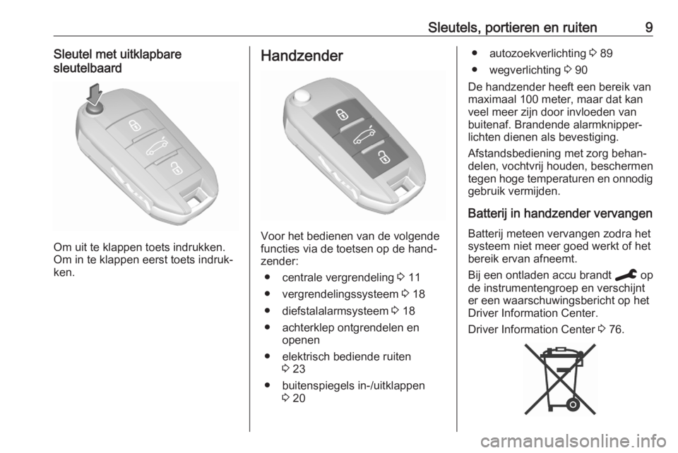 OPEL CORSA F 2020  Gebruikershandleiding (in Dutch) Sleutels, portieren en ruiten9Sleutel met uitklapbare
sleutelbaard
Om uit te klappen toets indrukken.
Om in te klappen eerst toets indruk‐
ken.
Handzender
Voor het bedienen van de volgende
functies 