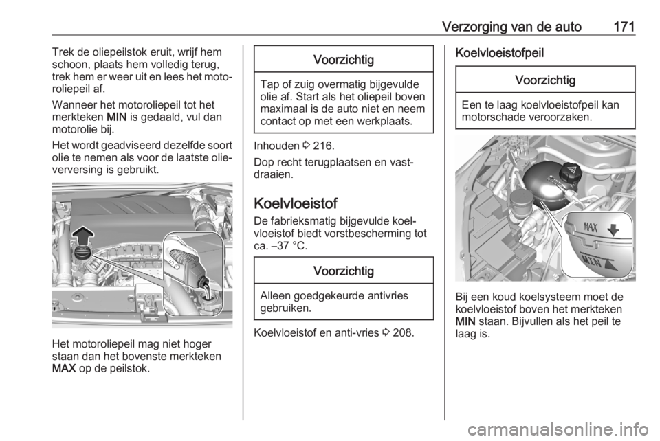 OPEL CORSA F 2020  Gebruikershandleiding (in Dutch) Verzorging van de auto171Trek de oliepeilstok eruit, wrijf hem
schoon, plaats hem volledig terug,
trek hem er weer uit en lees het moto‐
roliepeil af.
Wanneer het motoroliepeil tot het merkteken  MI