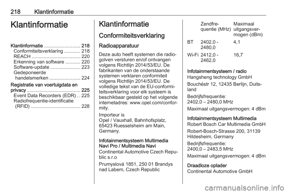 OPEL CORSA F 2020  Gebruikershandleiding (in Dutch) 218KlantinformatieKlantinformatieKlantinformatie........................... 218
Conformiteitsverklaring ............218
REACH .................................... 220
Erkenning van software ..........