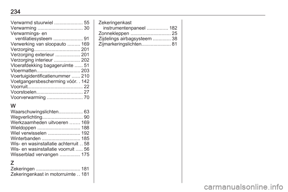 OPEL CORSA F 2020  Gebruikershandleiding (in Dutch) 234Verwarmd stuurwiel .....................55
Verwarming  ................................. 30
Verwarmings- en ventilatiesysteem ...................... 91
Verwerking van sloopauto  .........169
Verzor