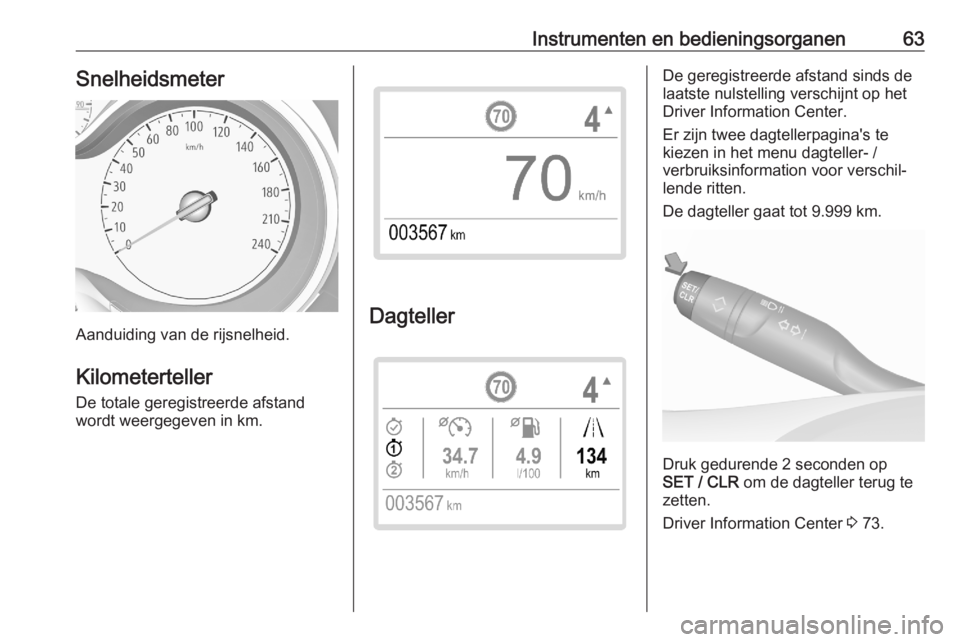 OPEL CORSA F 2020  Gebruikershandleiding (in Dutch) Instrumenten en bedieningsorganen63Snelheidsmeter
Aanduiding van de rijsnelheid.Kilometerteller
De totale geregistreerde afstand
wordt weergegeven in km.Dagteller
De geregistreerde afstand sinds de
la