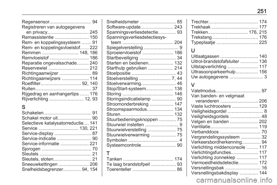OPEL CROSSLAND X 2017.75  Gebruikershandleiding (in Dutch) 251Regensensor................................ 94
Registreren van autogegevens en privacy ................................ 245
Remassistentie  .......................... 150
Rem- en koppelingssysteem 