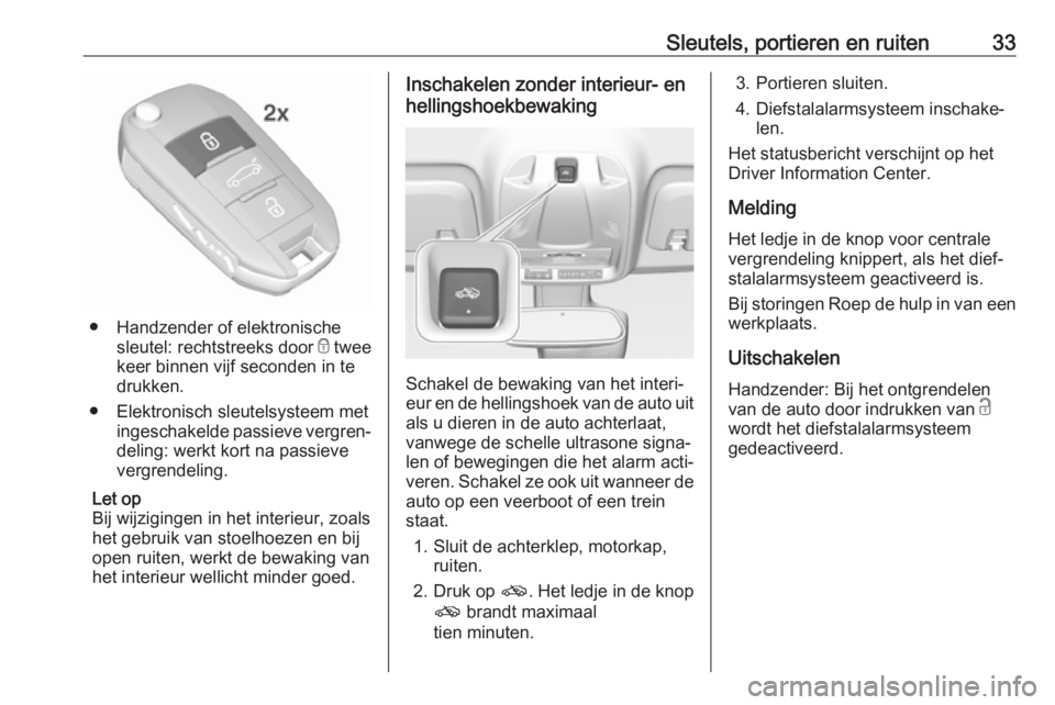 OPEL CROSSLAND X 2018  Gebruikershandleiding (in Dutch) Sleutels, portieren en ruiten33
● Handzender of elektronischesleutel: rechtstreeks door  e twee
keer binnen vijf seconden in te
drukken.
● Elektronisch sleutelsysteem met ingeschakelde passieve ve