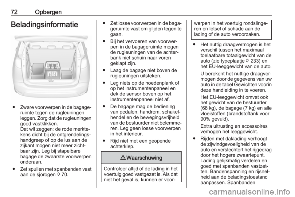 OPEL CROSSLAND X 2018  Gebruikershandleiding (in Dutch) 72OpbergenBeladingsinformatie
●Zware voorwerpen in de bagage‐
ruimte tegen de rugleuningen
leggen. Zorg dat de rugleuningen
goed vastklikken.
Dat wil zeggen: de rode merkte‐
kens dicht bij de on