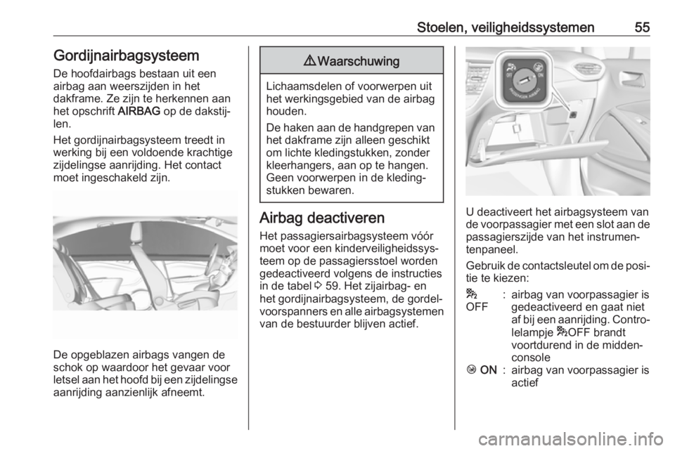 OPEL CROSSLAND X 2018.5  Gebruikershandleiding (in Dutch) Stoelen, veiligheidssystemen55Gordijnairbagsysteem
De hoofdairbags bestaan uit een
airbag aan weerszijden in het
dakframe. Ze zijn te herkennen aan het opschrift  AIRBAG op de dakstij‐
len.
Het gord