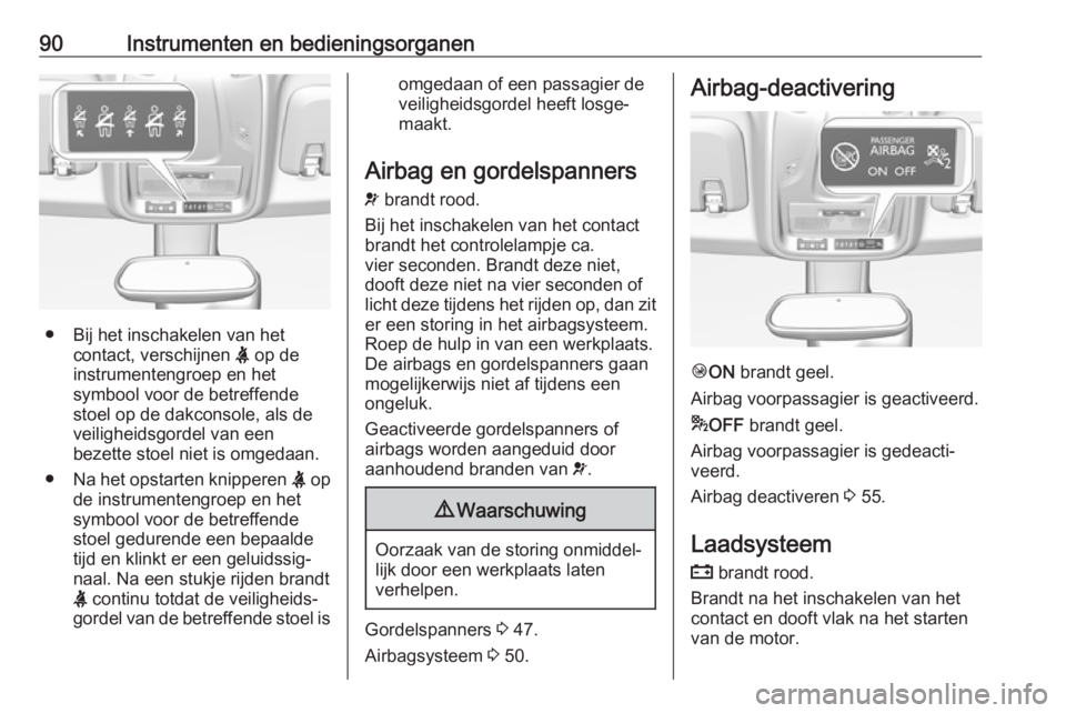 OPEL CROSSLAND X 2018.5  Gebruikershandleiding (in Dutch) 90Instrumenten en bedieningsorganen
● Bij het inschakelen van hetcontact, verschijnen  X op de
instrumentengroep en het
symbool voor de betreffende stoel op de dakconsole, als de
veiligheidsgordel v
