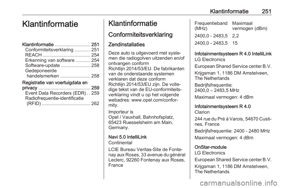 OPEL CROSSLAND X 2019  Gebruikershandleiding (in Dutch) Klantinformatie251KlantinformatieKlantinformatie........................... 251
Conformiteitsverklaring ............251
REACH .................................... 254
Erkenning van software ..........