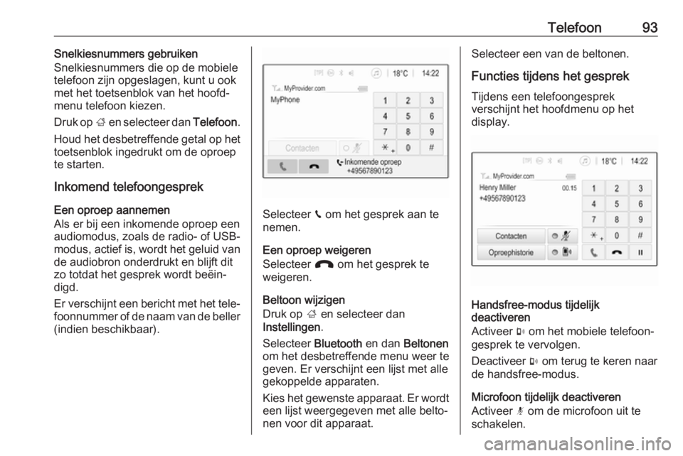 OPEL GRANDLAND X 2018.5  Handleiding Infotainment (in Dutch) Telefoon93Snelkiesnummers gebruiken
Snelkiesnummers die op de mobiele
telefoon zijn opgeslagen, kunt u ook
met het toetsenblok van het hoofd‐
menu telefoon kiezen.
Druk op  ; en selecteer dan  Telef