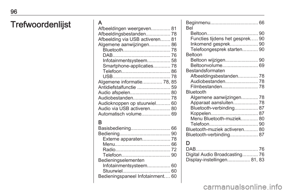 OPEL GRANDLAND X 2018.5  Handleiding Infotainment (in Dutch) 96TrefwoordenlijstAAfbeeldingen weergeven ..............81
Afbeeldingsbestanden ..................78
Afbeelding via USB activeren .......81
Algemene aanwijzingen ...............86
Bluetooth ..........