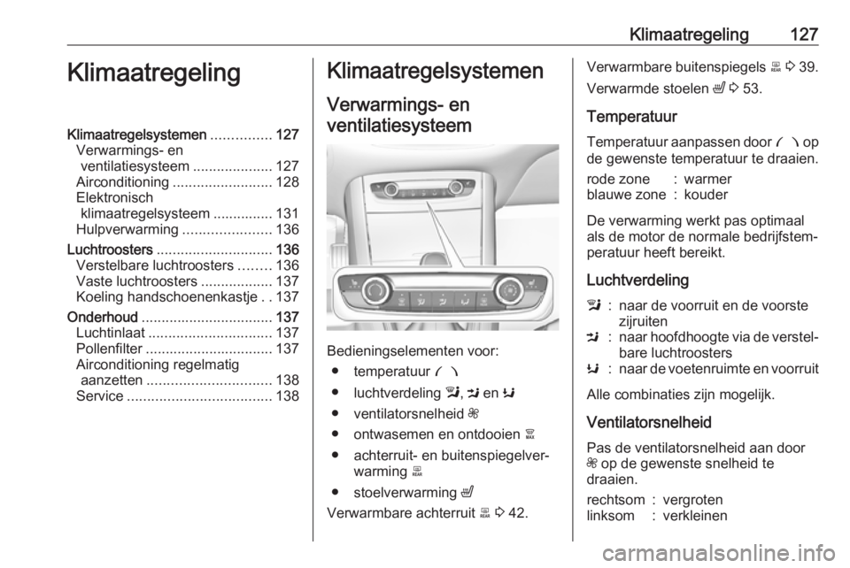 OPEL GRANDLAND X 2018.5 Gebruikershandleiding (in Dutch) Klimaatregeling127KlimaatregelingKlimaatregelsystemen...............127
Verwarmings- en ventilatiesysteem ....................127
Airconditioning ......................... 128
Elektronisch klimaatrege OPEL GRANDLAND X 2018.5 Gebruikershandleiding (in Dutch) Klimaatregeling127KlimaatregelingKlimaatregelsystemen...............127
Verwarmings- en ventilatiesysteem ....................127
Airconditioning ......................... 128
Elektronisch klimaatrege