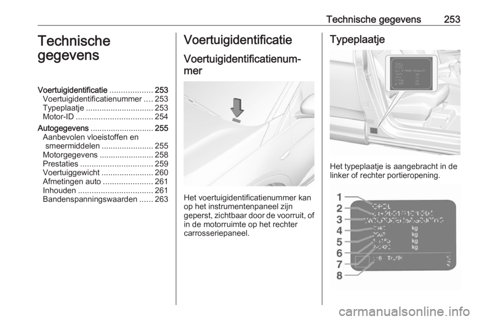 OPEL GRANDLAND X 2018.5  Gebruikershandleiding (in Dutch) Technische gegevens253Technische
gegevensVoertuigidentificatie ...................253
Voertuigidentificatienummer ....253
Typeplaatje .............................. 253
Motor-ID ......................