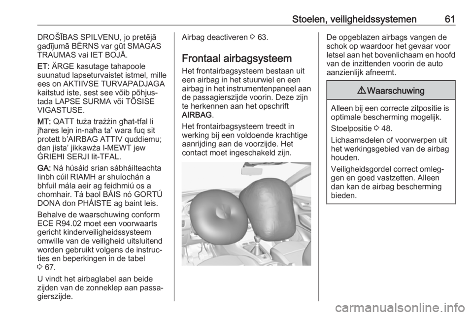 OPEL GRANDLAND X 2018.5  Gebruikershandleiding (in Dutch) Stoelen, veiligheidssystemen61DROŠĪBAS SPILVENU, jo pretējā
gadījumā BĒRNS var gūt SMAGAS
TRAUMAS vai IET BOJĀ.
ET:  ÄRGE kasutage tahapoole
suunatud lapseturvaistet istmel, mille
ees on AKT