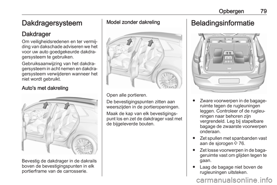OPEL GRANDLAND X 2018.5  Gebruikershandleiding (in Dutch) Opbergen79Dakdragersysteem
Dakdrager
Om veiligheidsredenen en ter vermij‐ ding van dakschade adviseren we het voor uw auto goedgekeurde dakdra‐
gersysteem te gebruiken.
Gebruiksaanwijzing van het 