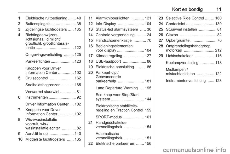 OPEL GRANDLAND X 2018.75  Gebruikershandleiding (in Dutch) Kort en bondig111Elektrische ruitbediening .......40
2 Buitenspiegels ......................38
3 Zijdelingse luchtroosters .....135
4 Richtingaanwijzers,
lichtsignaal, dimlicht/
grootlicht, grootlicht