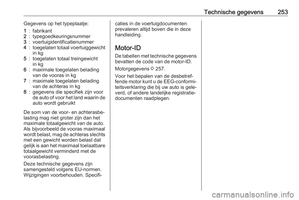OPEL GRANDLAND X 2018.75  Gebruikershandleiding (in Dutch) Technische gegevens253Gegevens op het typeplaatje:1:fabrikant2:typegoedkeuringsnummer3:voertuigidentificatienummer4:toegelaten totaal voertuiggewicht
in kg5:toegelaten totaal treingewicht
in kg6:maxim