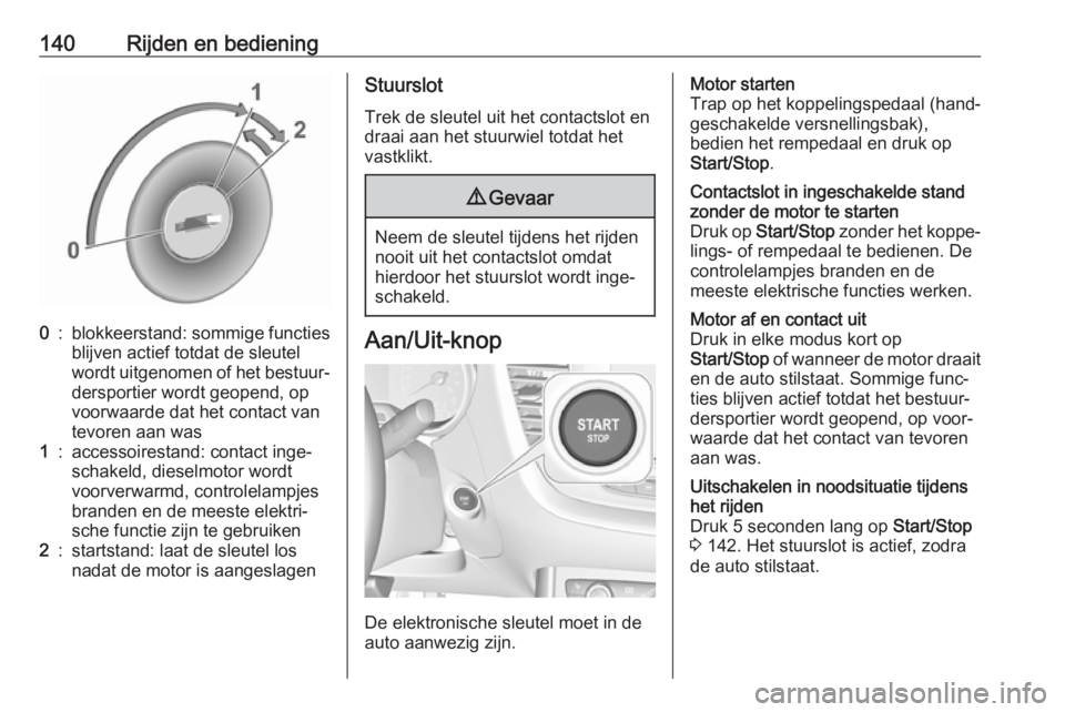OPEL GRANDLAND X 2019  Gebruikershandleiding (in Dutch) 140Rijden en bediening0:blokkeerstand: sommige functiesblijven actief totdat de sleutel
wordt uitgenomen of het bestuur‐
dersportier wordt geopend, op
voorwaarde dat het contact van
tevoren aan was1