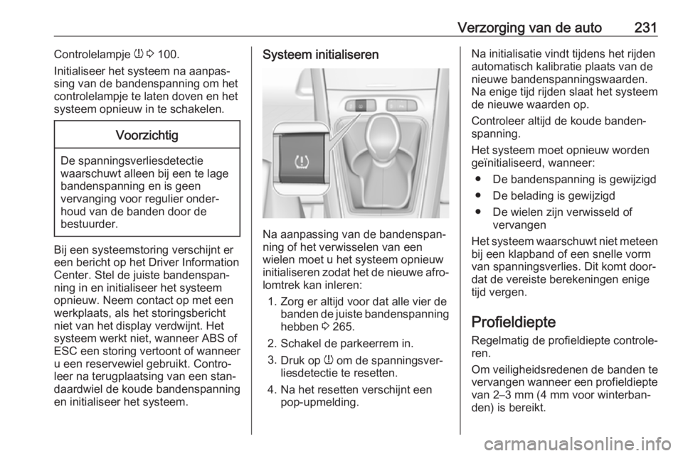 OPEL GRANDLAND X 2019  Gebruikershandleiding (in Dutch) Verzorging van de auto231Controlelampje w 3  100.
Initialiseer het systeem na aanpas‐
sing van de bandenspanning om het
controlelampje te laten doven en het
systeem opnieuw in te schakelen.Voorzicht