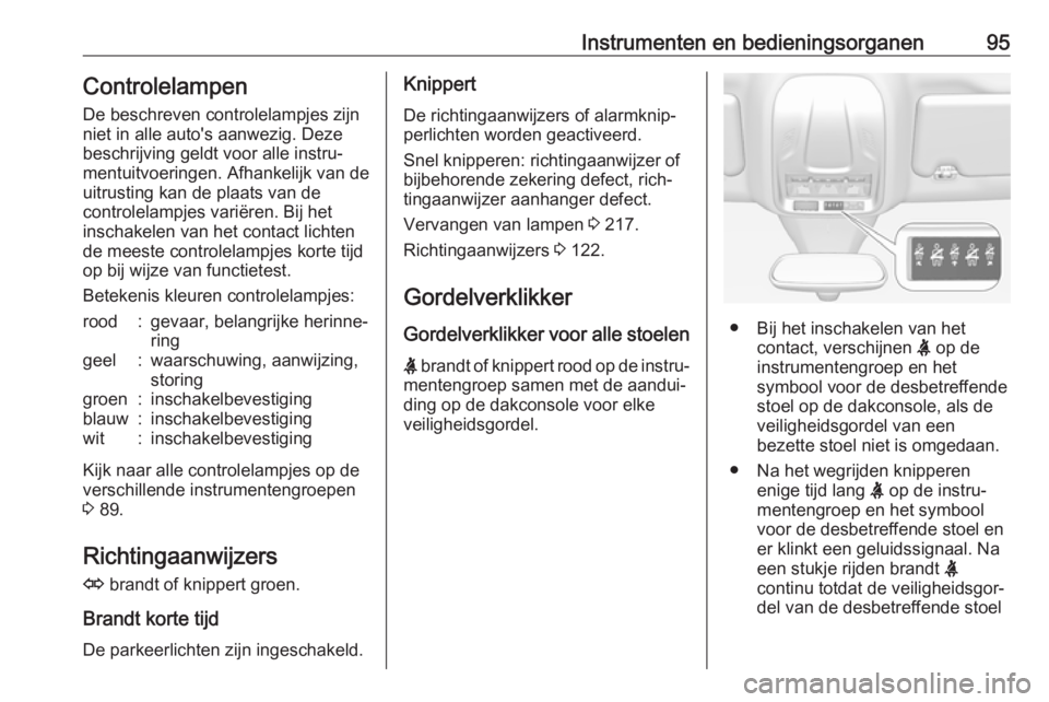 OPEL GRANDLAND X 2019  Gebruikershandleiding (in Dutch) Instrumenten en bedieningsorganen95Controlelampen
De beschreven controlelampjes zijn
niet in alle auto's aanwezig. Deze
beschrijving geldt voor alle instru‐ mentuitvoeringen. Afhankelijk van de
