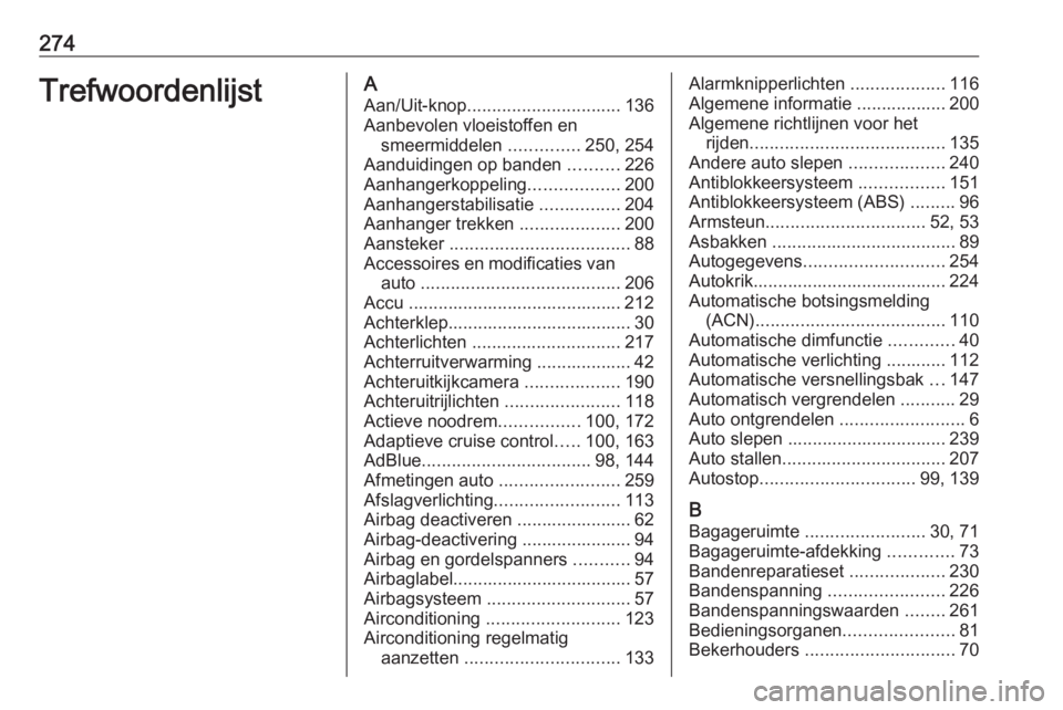 OPEL GRANDLAND X 2019.75  Gebruikershandleiding (in Dutch) 274TrefwoordenlijstAAan/Uit-knop ............................... 136
Aanbevolen vloeistoffen en smeermiddelen  ..............250, 254
Aanduidingen op banden  ..........226
Aanhangerkoppeling .........