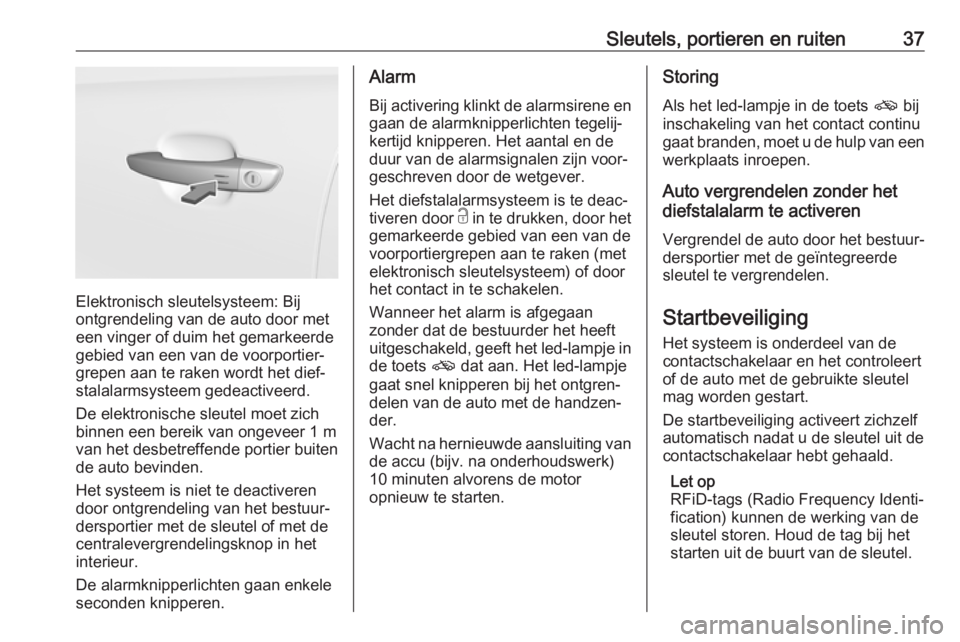 OPEL GRANDLAND X 2019.75  Gebruikershandleiding (in Dutch) Sleutels, portieren en ruiten37
Elektronisch sleutelsysteem: Bij
ontgrendeling van de auto door met
een vinger of duim het gemarkeerde
gebied van een van de voorportier‐
grepen aan te raken wordt he
