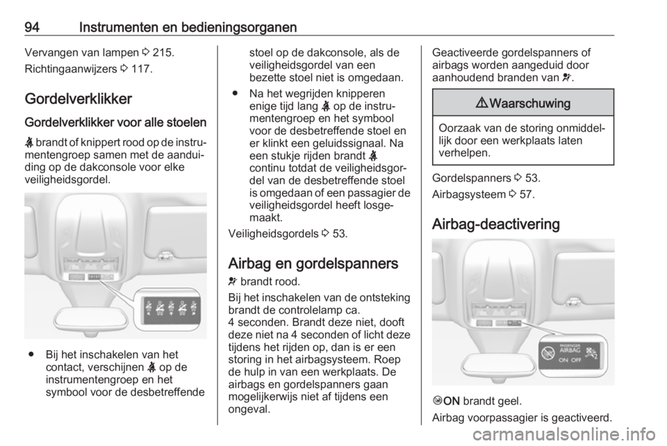 OPEL GRANDLAND X 2019.75  Gebruikershandleiding (in Dutch) 94Instrumenten en bedieningsorganenVervangen van lampen 3 215.
Richtingaanwijzers  3 117.
Gordelverklikker Gordelverklikker voor alle stoelen
X  brandt of knippert rood op de instru‐
mentengroep sam