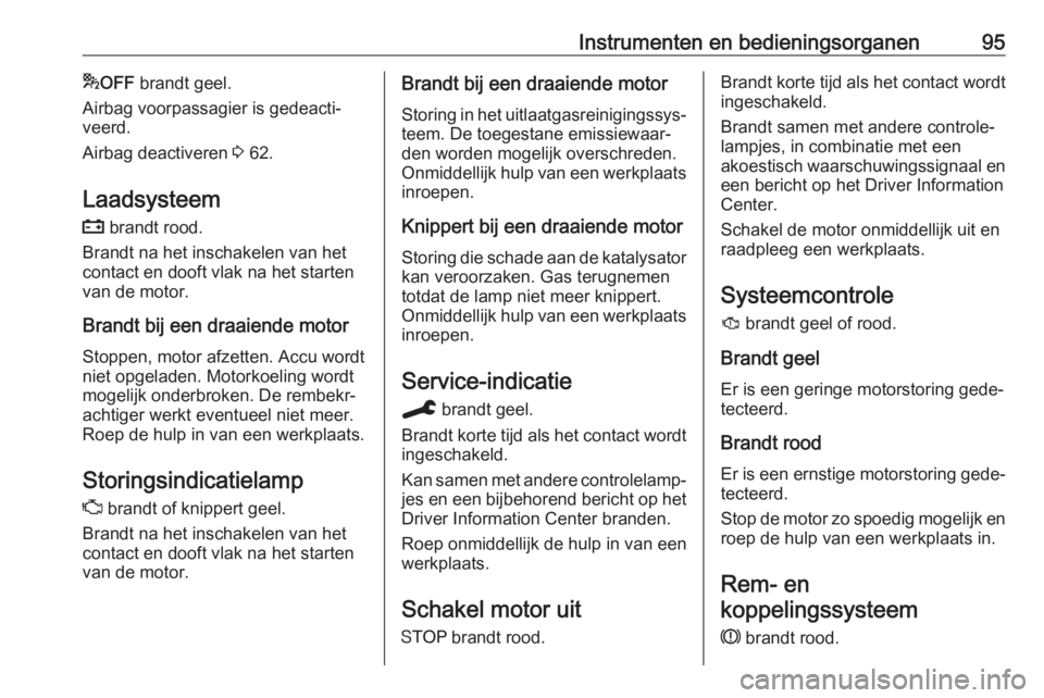 OPEL GRANDLAND X 2019.75  Gebruikershandleiding (in Dutch) Instrumenten en bedieningsorganen95*OFF  brandt geel.
Airbag voorpassagier is gedeacti‐
veerd.
Airbag deactiveren  3 62.
Laadsysteem p  brandt rood.
Brandt na het inschakelen van het
contact en doof