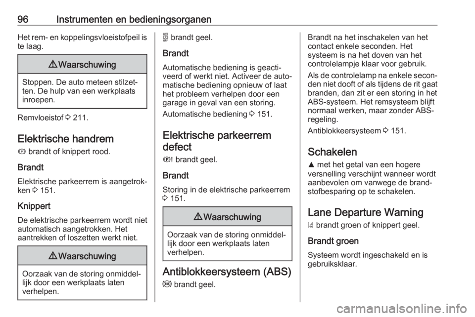 OPEL GRANDLAND X 2019.75  Gebruikershandleiding (in Dutch) 96Instrumenten en bedieningsorganenHet rem- en koppelingsvloeistofpeil iste laag.9 Waarschuwing
Stoppen. De auto meteen stilzet‐
ten. De hulp van een werkplaats
inroepen.
Remvloeistof  3 211.
Elektr