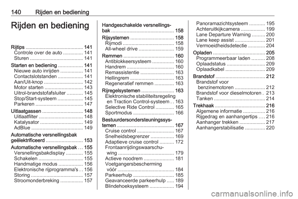 OPEL GRANDLAND X 2020  Gebruikershandleiding (in Dutch) 140Rijden en bedieningRijden en bedieningRijtips......................................... 141
Controle over de auto ..............141
Sturen ...................................... 141
Starten en bedie