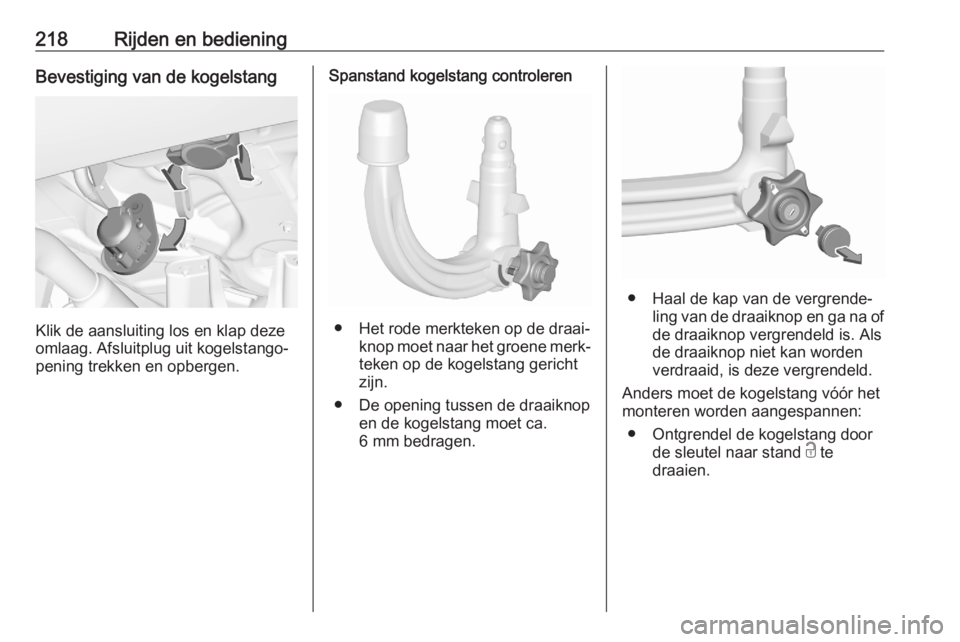 OPEL GRANDLAND X 2020  Gebruikershandleiding (in Dutch) 218Rijden en bedieningBevestiging van de kogelstang
Klik de aansluiting los en klap deze
omlaag. Afsluitplug uit kogelstango‐ pening trekken en opbergen.
Spanstand kogelstang controleren
● Het rod