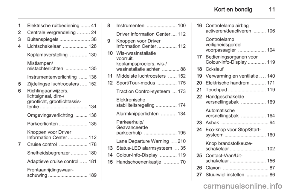 OPEL INSIGNIA 2014  Gebruikershandleiding (in Dutch) Kort en bondig11
1Elektrische ruitbediening .......41
2 Centrale vergrendeling .........24
3 Buitenspiegels ......................38
4 Lichtschakelaar  ..................128
Koplampverstelling  ......