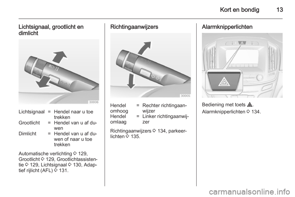 OPEL INSIGNIA 2014  Gebruikershandleiding (in Dutch) Kort en bondig13
Lichtsignaal, grootlicht en
dimlichtLichtsignaal=Hendel naar u toe
trekkenGrootlicht=Hendel van u af du‐
wenDimlicht=Hendel van u af du‐
wen of naar u toe
trekken
Automatische ver