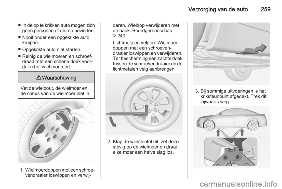 OPEL INSIGNIA 2014  Gebruikershandleiding (in Dutch) Verzorging van de auto259
■In de op te krikken auto mogen zich
geen personen of dieren bevinden.
■ Nooit onder een opgekrikte auto kruipen.
■ Opgekrikte auto niet starten.
■ Reinig de wielmoer