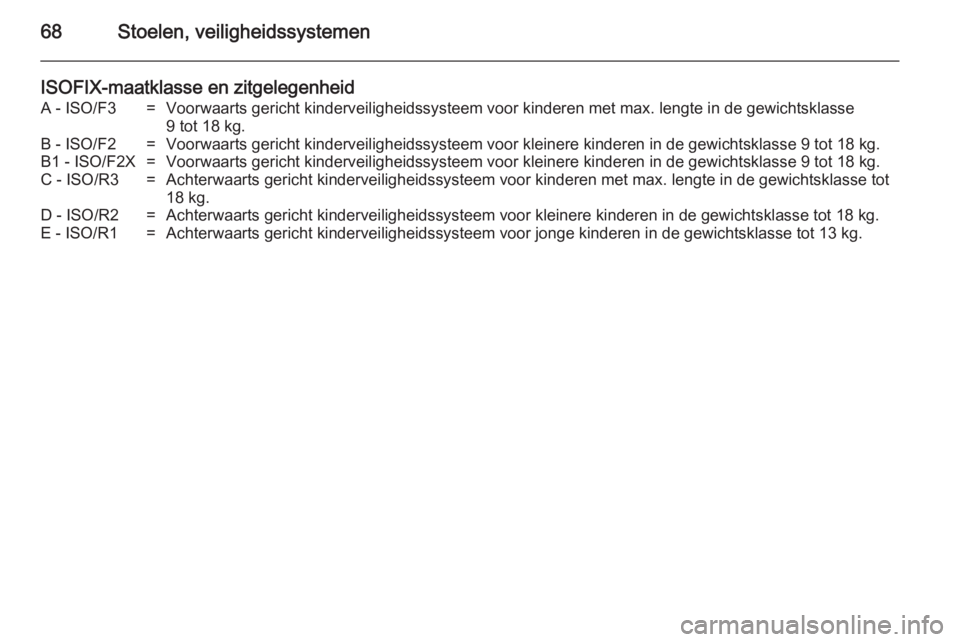 OPEL INSIGNIA 2014  Gebruikershandleiding (in Dutch) 68Stoelen, veiligheidssystemen
ISOFIX-maatklasse en zitgelegenheidA - ISO/F3=Voorwaarts gericht kinderveiligheidssysteem voor kinderen met max. lengte in de gewichtsklasse
9 tot 18 kg.B - ISO/F2=Voorw