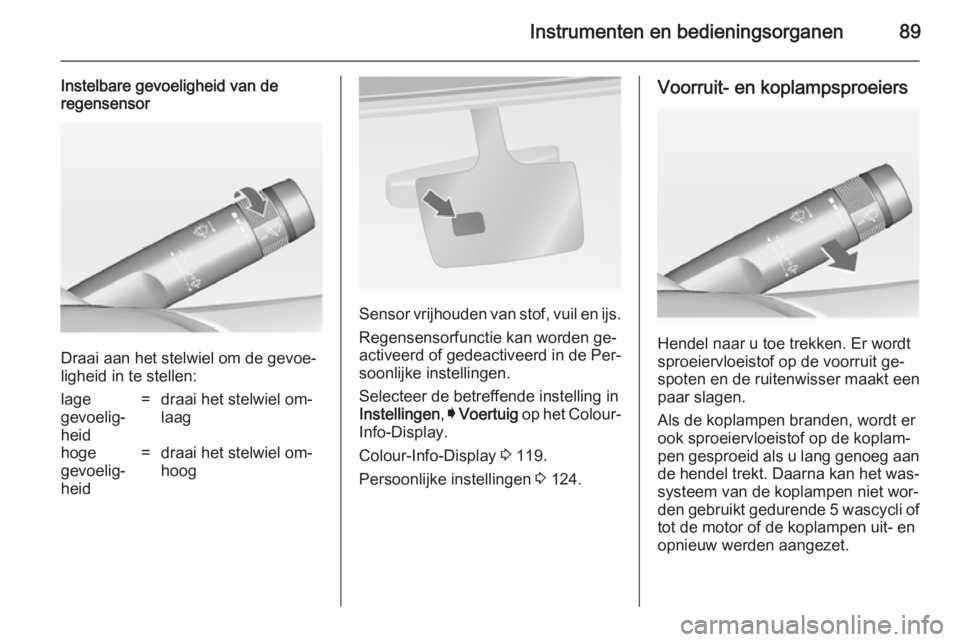 OPEL INSIGNIA 2014  Gebruikershandleiding (in Dutch) Instrumenten en bedieningsorganen89
Instelbare gevoeligheid van de
regensensor
Draai aan het stelwiel om de gevoe‐
ligheid in te stellen:
lage
gevoelig‐
heid=draai het stelwiel om‐
laaghoge
gevo