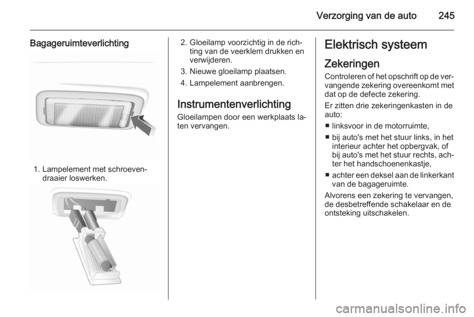 OPEL INSIGNIA 2014.5  Gebruikershandleiding (in Dutch) Verzorging van de auto245
Bagageruimteverlichting
1. Lampelement met schroeven‐draaier loswerken.
2. Gloeilamp voorzichtig in de rich‐ting van de veerklem drukken en
verwijderen.
3. Nieuwe gloeila
