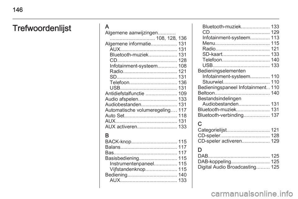 OPEL INSIGNIA 2015  Handleiding Infotainment (in Dutch) 146TrefwoordenlijstAAlgemene aanwijzingen ............
................................ 108, 128, 136
Algemene informatie................... 131 AUX ......................................... 131
Bluet