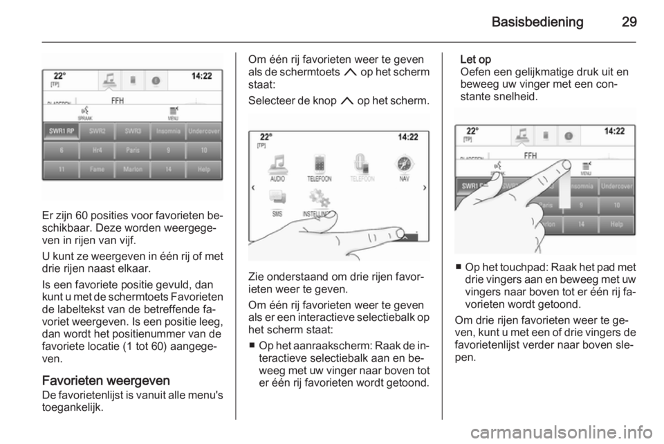 OPEL INSIGNIA 2015  Handleiding Infotainment (in Dutch) Basisbediening29
Er zijn 60 posities voor favorieten be‐schikbaar. Deze worden weergege‐
ven in rijen van vijf.
U kunt ze weergeven in één rij of met
drie rijen naast elkaar.
Is een favoriete po