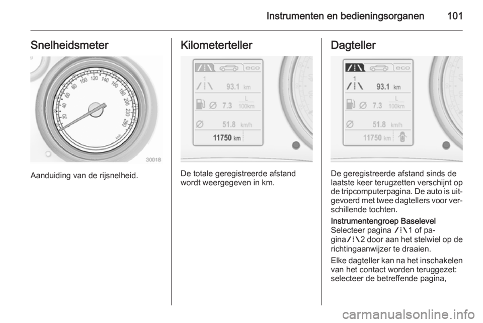 OPEL INSIGNIA 2015  Gebruikershandleiding (in Dutch) Instrumenten en bedieningsorganen101Snelheidsmeter
Aanduiding van de rijsnelheid.
Kilometerteller
De totale geregistreerde afstand
wordt weergegeven in km.
Dagteller
De geregistreerde afstand sinds de