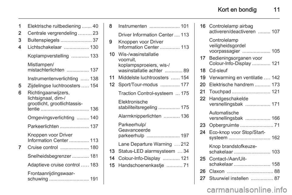 OPEL INSIGNIA 2015  Gebruikershandleiding (in Dutch) Kort en bondig11
1Elektrische ruitbediening .......40
2 Centrale vergrendeling .........23
3 Buitenspiegels ......................37
4 Lichtschakelaar  ..................130
Koplampverstelling  ......