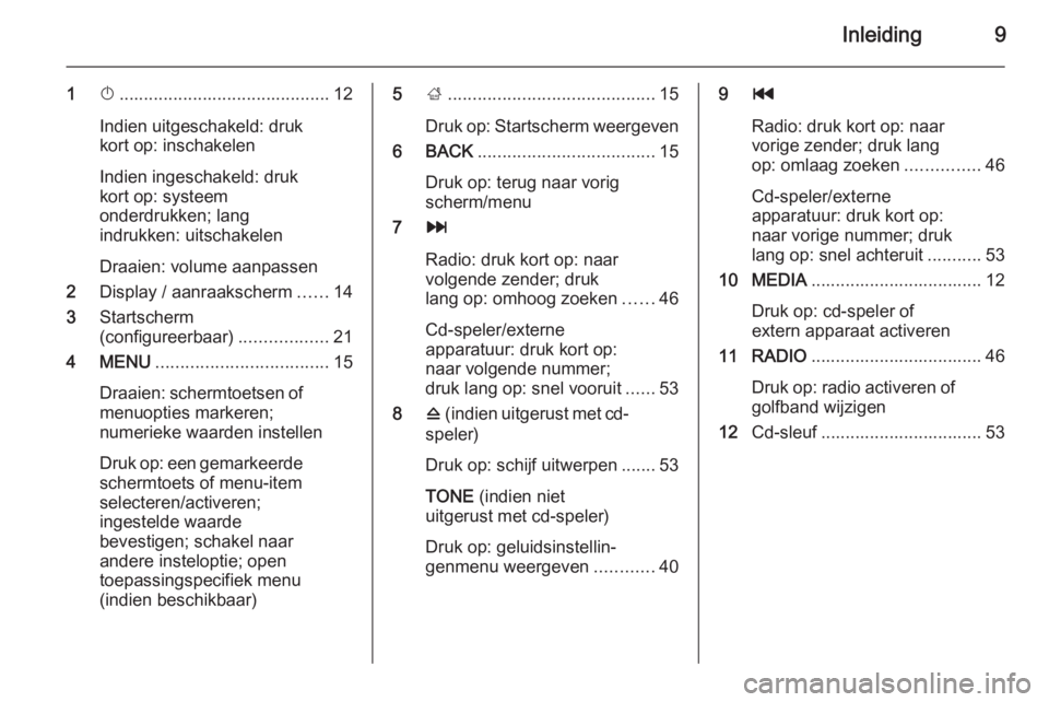 OPEL INSIGNIA 2015.5  Handleiding Infotainment (in Dutch) Inleiding9
1X........................................... 12
Indien uitgeschakeld: druk
kort op: inschakelen
Indien ingeschakeld: druk
kort op: systeem
onderdrukken; lang
indrukken: uitschakelen
Draaie