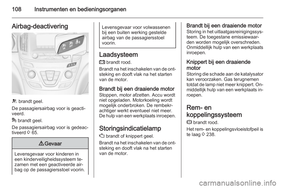 OPEL INSIGNIA 2015.5  Gebruikershandleiding (in Dutch) 108Instrumenten en bedieningsorganenAirbag-deactivering
V brandt geel.
De passagiersairbag voor is geacti‐
veerd.
*  brandt geel.
De passagiersairbag voor is gedeac‐
tiveerd  3 65.
9 Gevaar
Levens