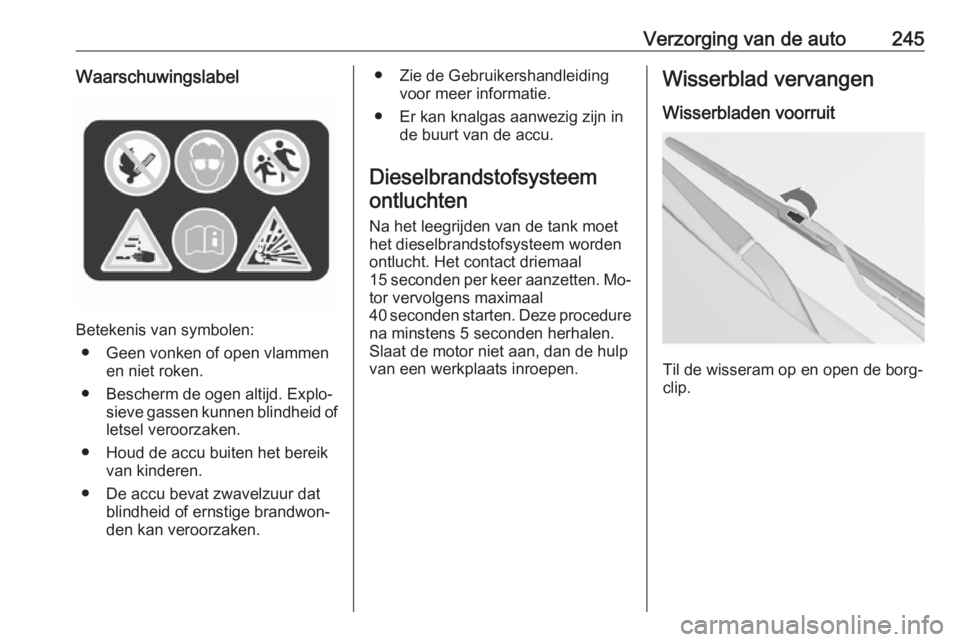 OPEL INSIGNIA 2016  Gebruikershandleiding (in Dutch) Verzorging van de auto245Waarschuwingslabel
Betekenis van symbolen:● Geen vonken of open vlammen en niet roken.
● Bescherm de ogen altijd. Explo‐ sieve gassen kunnen blindheid of
letsel veroorza
