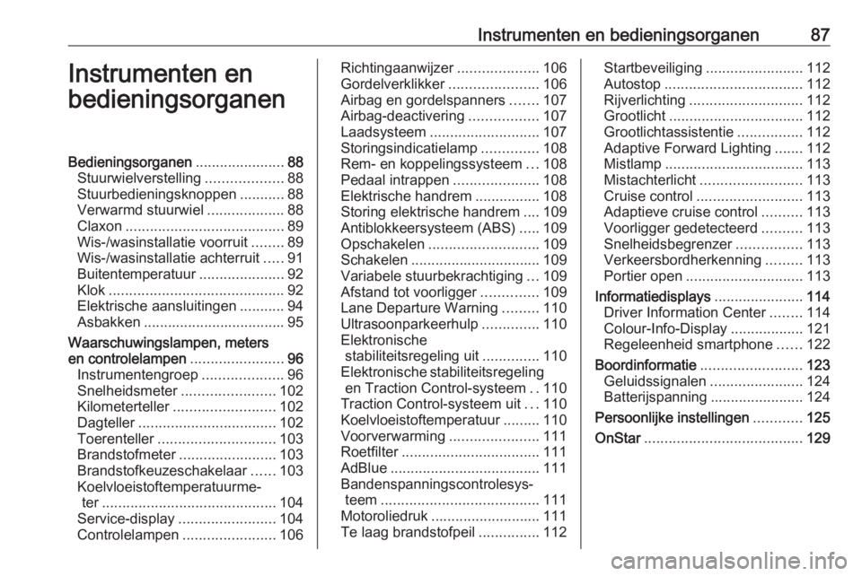 OPEL INSIGNIA 2016  Gebruikershandleiding (in Dutch) Instrumenten en bedieningsorganen87Instrumenten en
bedieningsorganenBedieningsorganen ......................88
Stuurwielverstelling ...................88
Stuurbedieningsknoppen ...........88
Verwarmd 