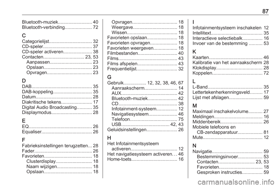 OPEL INSIGNIA 2016.5  Handleiding Infotainment (in Dutch) 87Bluetooth-muziek..........................40
Bluetooth-verbinding ....................72
C Categorielijst ................................. 32
CD-speler ..................................... 37
CD-s
