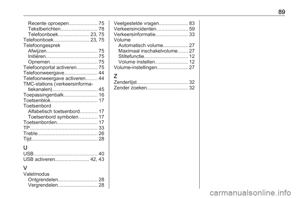OPEL INSIGNIA 2016.5  Handleiding Infotainment (in Dutch) 89Recente oproepen....................75
Tekstberichten........................... 78
Telefoonboek ...................... 23, 75
Telefoonboek .......................... 23, 75
Telefoongesprek Afwijzen