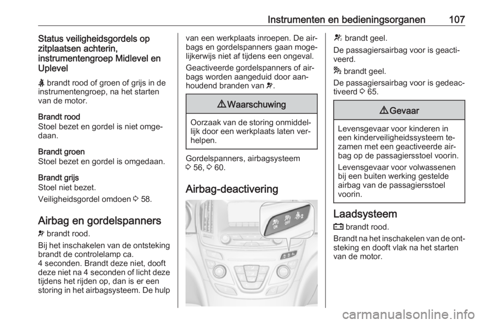 OPEL INSIGNIA 2016.5 Gebruikershandleiding (in Dutch) Instrumenten en bedieningsorganen107Status veiligheidsgordels op
zitplaatsen achterin,
instrumentengroep Midlevel en
Uplevel
X brandt rood of groen of grijs in de
instrumentengroep, na het starten va OPEL INSIGNIA 2016.5 Gebruikershandleiding (in Dutch) Instrumenten en bedieningsorganen107Status veiligheidsgordels op
zitplaatsen achterin,
instrumentengroep Midlevel en
Uplevel
X brandt rood of groen of grijs in de
instrumentengroep, na het starten va